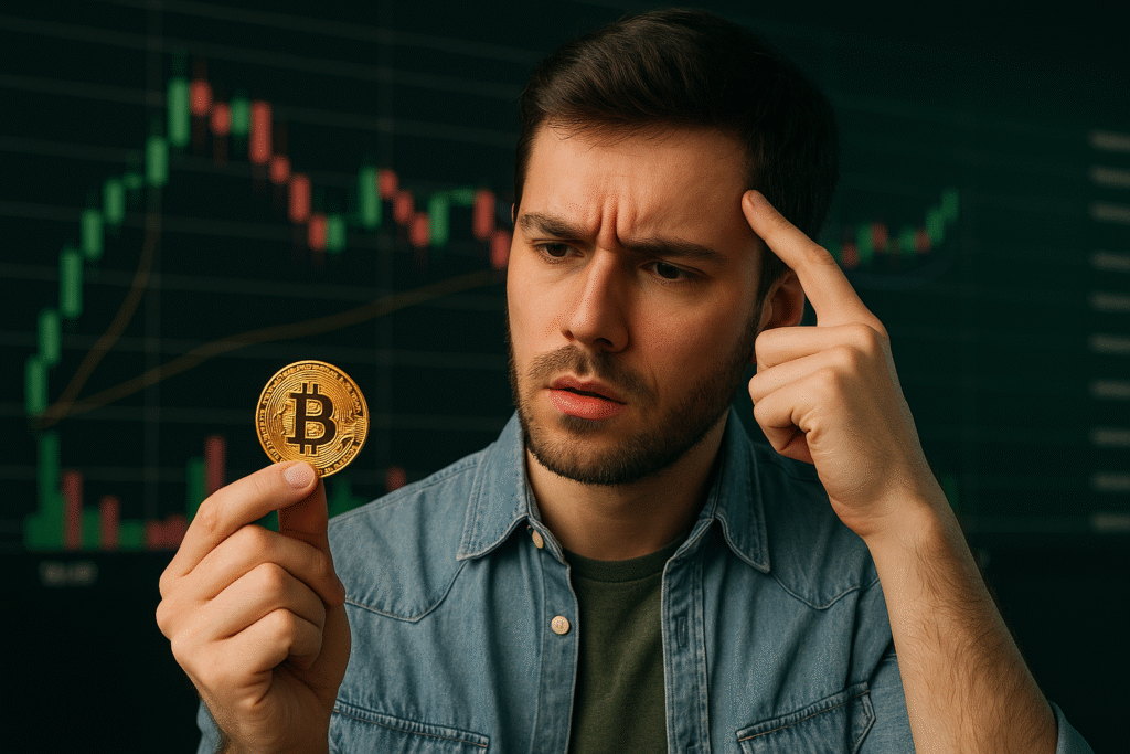 Homem com a mão na cabeça indicando dúvida enquanto olha pra uma moeda de Bitcoin. Gráfico ao fundo.