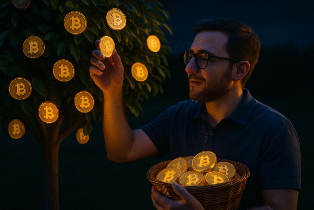 Homem colhendo Bitcoins de uma árvore como se fossem frutos