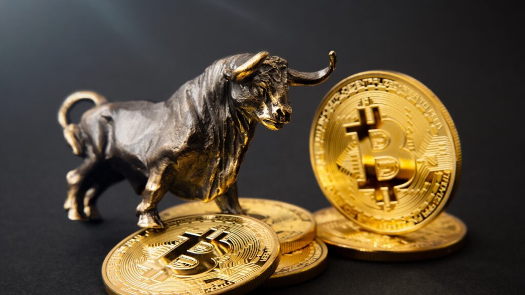 Touro de cobre em cima de moedas de bitcoin simbolizado um bull market