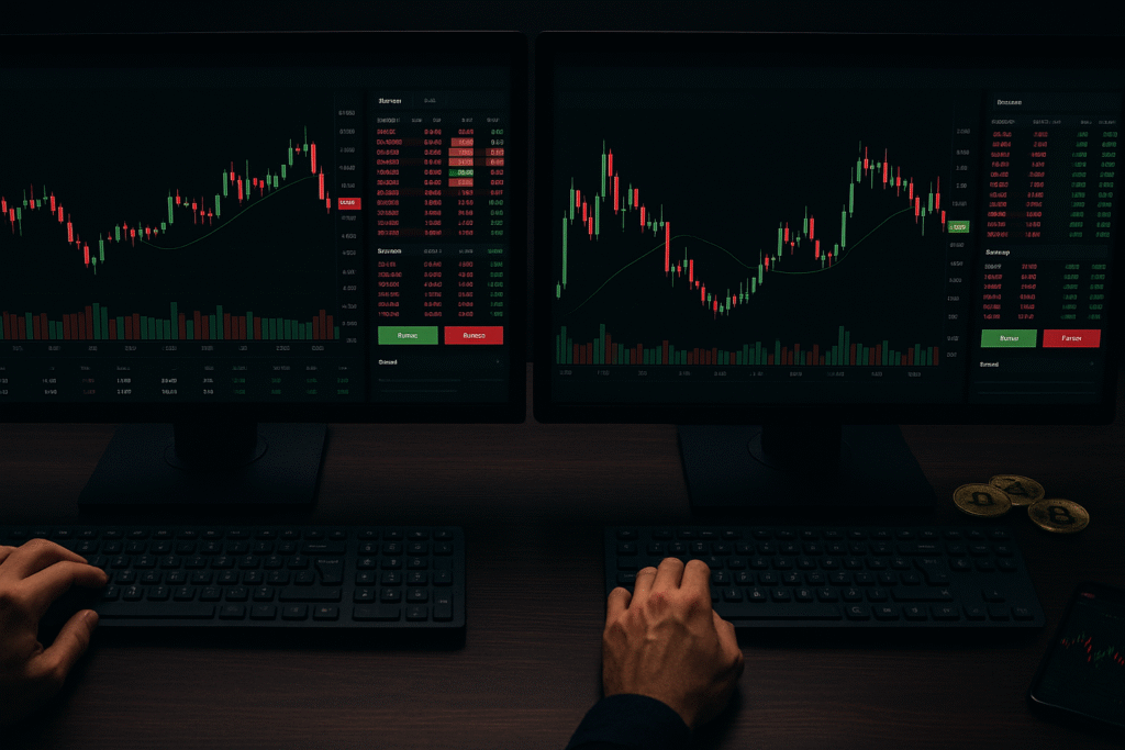 Dois monitores de computador mostrando gráficos e order books. Embaixo da tela, dois teclados e duas mãos.