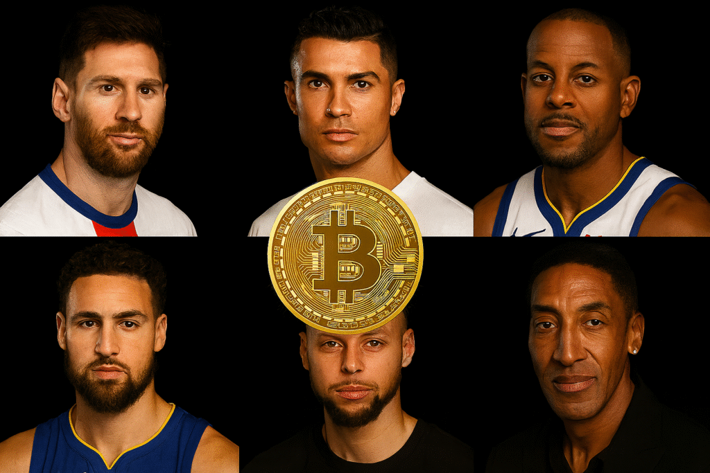 Messi, Cristiano Ronaldo, Iguodala, Klay Thompson, Stephen Curry e Scottie Pippen em volta de um BTC
