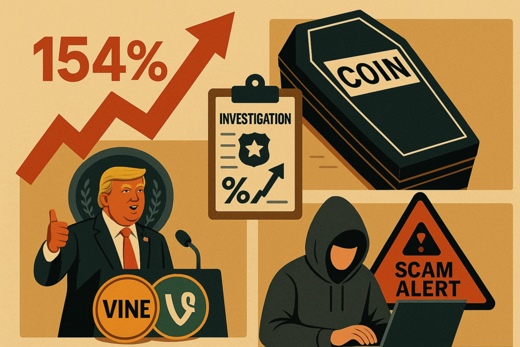 Trump falando da Vine, caixão com moeda, scam alert com um hacker em frente ao computador e investigação policial como motivos de spreads altos