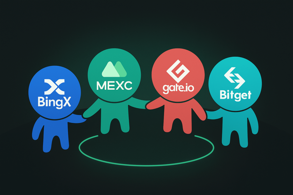 Bingx se juntando a rodinha de Gate, Mexc e Bitget. Bonecos ilustrativos com as logomarcas.
